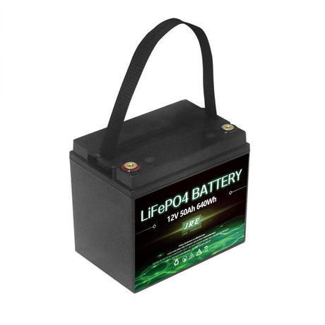 The JRE 50Ah 12.8V LiFePO4 Battery with BMS and Bluetooth combines compact size with impressive performance. Perfect for VW campers/vans as an under-seat battery, motorhomes, boats, yachts, stationary setups, and solar systems. Technical specifications include dimensions of L195xB133XH171mm, a charging voltage of 14.6V, a maximum charging current of 50A, a lifespan of over 4000 cycles, a weight of 5.5 KG, and a generous 5-year warranty.