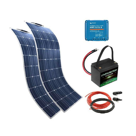 Solarset mit 360Wp Solarmodulen, Vitron75/15 Laderegler und LifePo4 Batterie 12,8V 50Ah mit BMS Bluetooth – ideales Komplettpaket für mobile und nachhaltige Energieversorgung. Das Set enthält zwei ultraleichte flexible Solarmodule mit je 180Wp, hergestellt aus hochwertigem monokristallinem Silizium für hohe Effizienz. Der Victron MPPT 75/15 Laderegler maximiert die Ladung und ermöglicht eine individuelle Batteriesteuerung über die kostenlose Victron Connect APP.