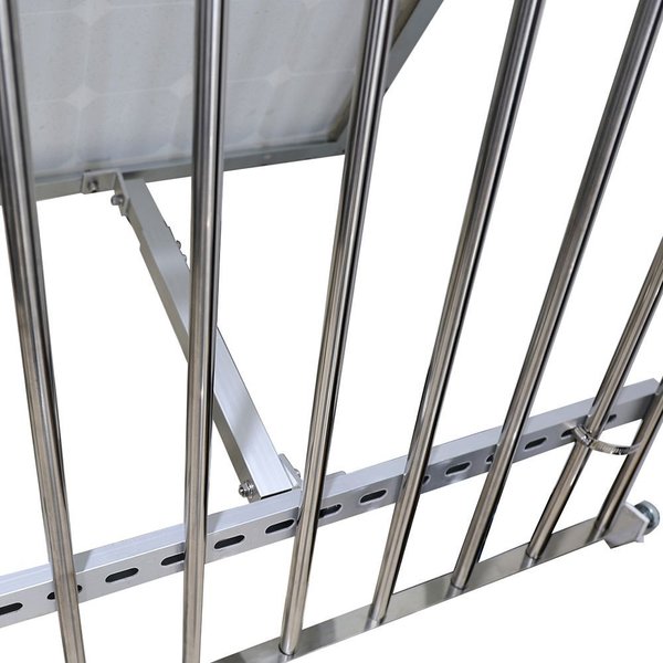 The balcony mounting bracket for solar panels provides a straightforward and secure solution to attach a module with a maximum width of 1.80m to a balcony railing. Crafted from high-quality, corrosion-resistant stainless steel and aluminum, this set ensures a durable installation. The adjustable-angle solar module bracket allows for optimal alignment, ensuring maximum sunlight exposure for enhanced energy yield.