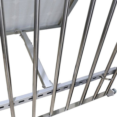 The balcony mounting bracket for solar panels provides a straightforward and secure solution to attach a module with a maximum width of 1.80m to a balcony railing. Crafted from high-quality, corrosion-resistant stainless steel and aluminum, this set ensures a durable installation. The adjustable-angle solar module bracket allows for optimal alignment, ensuring maximum sunlight exposure for enhanced energy yield.