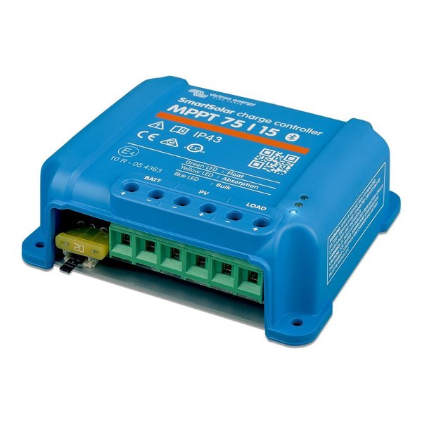 The Victron Smartsolar 75/15 MPPT Solar Charge Controller from Victron Energy provides reliable charging for 12V and 24V batteries with a maximum charging current of 15A. The Smart version comes with integrated Bluetooth, eliminating the need for an additional Bluetooth dongle. The integrated Bluetooth allows wireless setup, monitoring, and updates using Apple and Android devices.