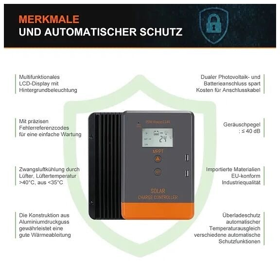 Charge Controller – The Solar Charge Controller 40A MPPT 12V/24V is a powerful device designed to maximize the output from your solar panels. With automatic battery voltage detection, it is easy to use and suitable for both 12V and 24V systems. The advanced MPPT (Maximum Power Point Tracking) technology ensures a tracking efficiency of not less than 99.5%, meaning your solar panels operate effectively, extracting maximum energy.
