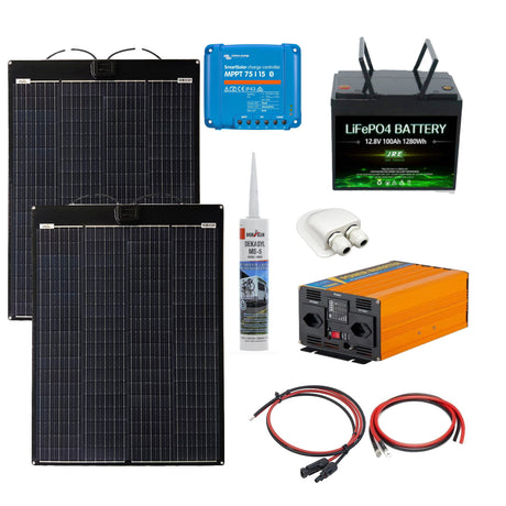 Solarset: 2x 39V Semiflexibles Solarpanel 100W, Wechselrichter 1000W, 100Ah LiFePO4 Batterie, Victron Laderegler und Zubehör