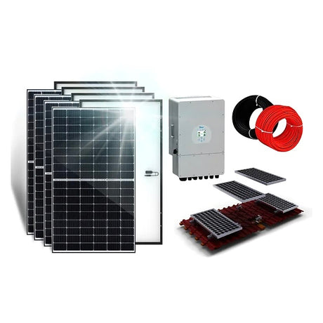 Produce your own solar power with this 6 kW powerful Hybrid OnGrid Solar Complete Set by Deye. The set includes 14 Bluesun Blackframe modules of 425 watts each, a Deye SUN5 Hybrid 3-phase inverter, elegant black mounting rails, screws, clamps, 40 meters of solar cable, and MC4 connectors. Bluesun modules, certified by DEKRA, can withstand high snow and wind loads. The Deye three-phase hybrid inverter ensures system safety and reliability with a low battery voltage of 48 V, supporting diverse applications.