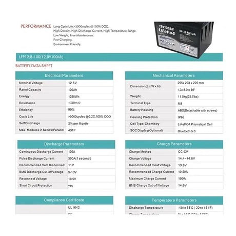 Die LiFePO4-Batterie mit 100Ah und 12,8 Volt ist kompakt, leistungsstark und perfekt für verschiedene Anwendungen wie VW Camper, Wohnmobile, Boote, Yachten, stationäre und Solaranlagen. Mit Bluetooth-Überwachung über das Handy bietet sie modernste Technologie zur einfachen Kontrolle. Die Abmessungen von 295 x 203 x 225mm machen sie ideal als Untersitzbatterie für VW Camper/Vans. Technisch überzeugt sie mit einer Ladespannung von 14,6V, einem maximalen Ladestrom von 100A, und einem Gewicht von 11,5 kg.