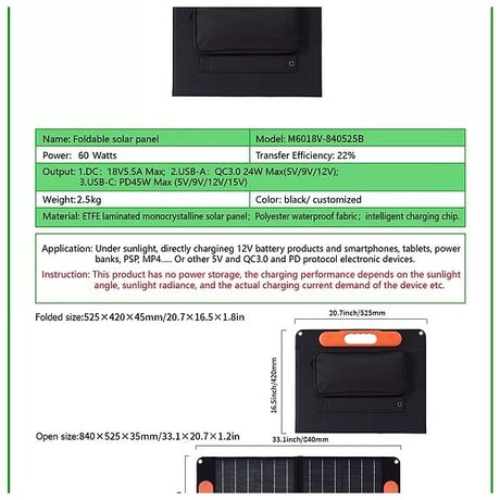 Das faltbare 60W Solarpanel ist ideal für mobile Anwendungen. Mit nur 2,5 Kilogramm Gewicht und kompakten Abmessungen passt es perfekt in jeden Rucksack. Die flexiblen, bruchfesten Solarzellen und das ansprechende Design machen es zu einem funktionalen und optischen Highlight. Dank integrierter MC4-Stecker und USB5V DC18V Type-C9V Ausgang können Sie Ihre Geräte umweltfreundlich unterwegs laden.