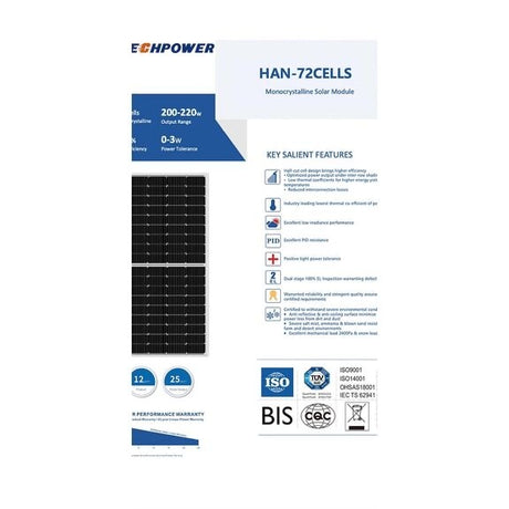 Das 200-Watt (Peak) Solarmodul bietet eine zuverlässige Energiequelle für alle, die nach einer effizienten Solarlösung suchen. Mit TÜV SÜD Deutschland-Zertifizierung für Schneelast bis zu 5400PA und Windlast bis zu 2400PA erfüllt dieses Panel höchste Qualitätsstandards. Die Verwendung von Halbzellenmodulen verdoppelt die Zellverbinder und ermöglicht eine um 2-3% höhere Leistung. 