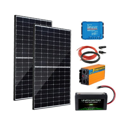 Das Solar-Set mit 2x 425WP Solarmodulen BS, Solarregler Vitron 100/20, LifePo4 Batterie 12,8V 200Ah und 2000W Wechselrichter (Sinus) ist die ideale Lösung für nachhaltige Energieversorgung. Die Solarmodule Bluesun BSM-425g12-54 mit schwarzem Rahmen bieten hohe Belastbarkeit gegenüber Schnee und Wind. Der Solar Laderegler Victron Smartsolar MPPT 100/20 ermöglicht effiziente Ladesteuerung, während die LifePo4 Batterie mit 200Ah und BMS-Bluetooth zuverlässige Stromspeicherung gewährleistet.
