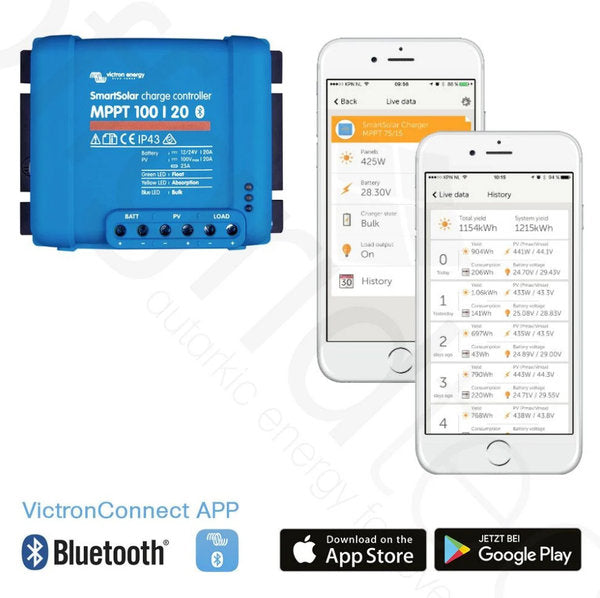 The Victron Smartsolar 100/20-48 MPPT Solar Charge Controller provides powerful charging capabilities for 12V, 24V, and 48V batteries. With integrated Bluetooth, it allows easy setup, monitoring, and updates via smartphones and tablets. The charge controller boasts a high efficiency of 98%, programmable battery algorithms, and light-dimming features. 