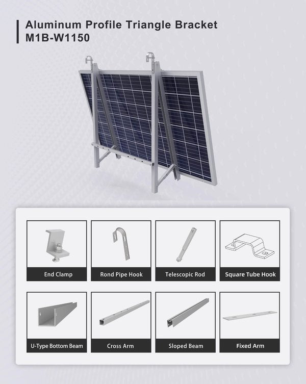 Balcony - Wall Mount: Our sturdy balcony mount for solar panels is easily adjustable and crafted from high-quality aluminum. Maximum stability and durability for outdoor use. Features: Maximum panel size of 1150mm, 6.5kg weight, adjustable tilt for optimal sunlight exposure. Meets safety standards AS7NZS1170, DIN1055, and JIS C8955:2017. Install solar panel systems on your balcony and maximize energy generation with this reliable mounting solution.