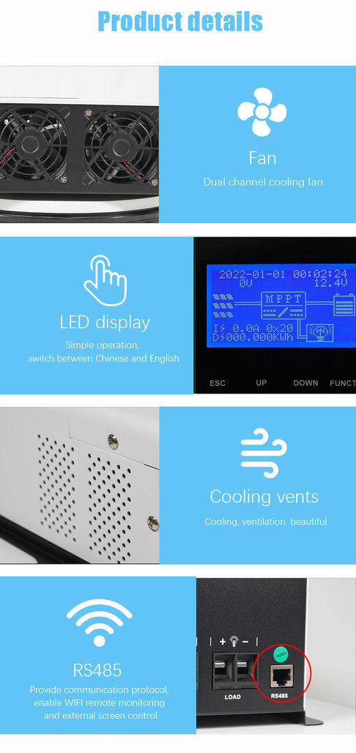 Solar set with 425WP Bluesun solar module and MPPT charge controller GL 40 Ampere – a powerful combination for reliable solar energy. The set includes a high-quality solar module Bluesun BSM-425g12-54 with 425 Wp and a black frame, along with an efficient MPPT charge controller GL 40A for optimal charge control. 