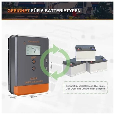 Laderegler – Der Solarladeregler 40A MPPT 12V / 24V ist ein leistungsstarkes Gerät, das die maximale Ausbeute aus Ihren Solarmodulen herausholt. Mit automatischer Batteriespannungserkennung ist er einfach zu bedienen und für 12V oder 24V Systeme geeignet. Die fortschrittliche MPPT-Technologie gewährleistet eine Tracking-Effizienz von mindestens 99,5 %, sodass Ihre Solarmodule stets effektiv arbeiten und Sie die maximale Energie nutzen können