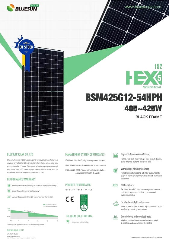 High-performance Hybrid OnGrid Solar Complete Set by Supersolar: 36 Bluesun Blackframe Modules at 425W, Deye SUN12 Hybrid Inverter, elegant mounting rails, 40m solar cable, DEKRA certified modules. Monocrystalline half-cells, 21.7% efficiency. Deye SUN12 with 48V battery voltage, 2 MPPT inputs, DC/AC ratio 1.3. Colorful touch LCD, IP65, Smart Load, backup power <4ms switching time. Max. charging current 240A, 6 programmable time slots