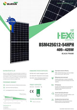 High-performance Hybrid OnGrid Solar Complete Set by Supersolar: 36 Bluesun Blackframe Modules at 425W, Deye SUN12 Hybrid Inverter, elegant mounting rails, 40m solar cable, DEKRA certified modules. Monocrystalline half-cells, 21.7% efficiency. Deye SUN12 with 48V battery voltage, 2 MPPT inputs, DC/AC ratio 1.3. Colorful touch LCD, IP65, Smart Load, backup power <4ms switching time. Max. charging current 240A, 6 programmable time slots