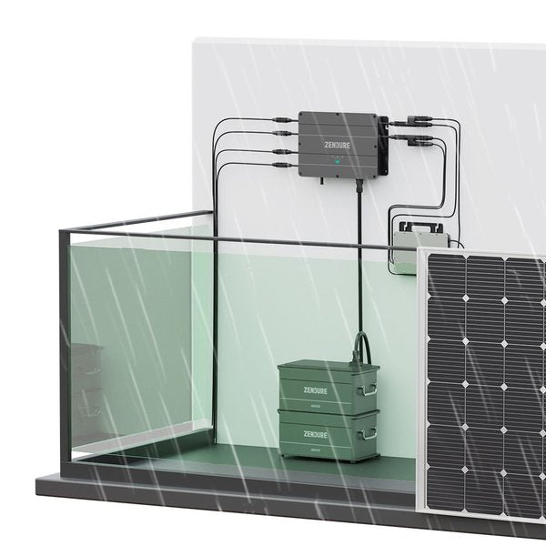 Balcony Power Plant Set with Storage: Includes two Bluesun BSM-425g12-54 solar modules (425 Wp), Hoymiles HM400 Microinverter, DTU-WLite control unit, and Zendure SolarFlow Set (Smart PV Hub, two batteries). Easy installation with 5m cable, Betteri BC01 sockets, and end caps. Technical data: Modules 425 Wp, 21.7% efficiency, Inverter 350VA at 230V. SolarFlow Battery: 2x 960Wh, LiFePO4, expandable to 3840Wh.