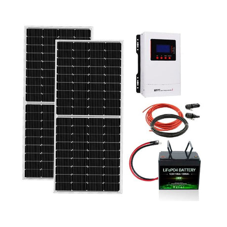 Solarset mit 400Wp Solarmodulen, Laderegler GL 40Ampere und LiFePO4 Batterie 100Ah 12.8Volt mit BMS-Bluetooth – die optimale Lösung für eine autarke und umweltfreundliche Stromversorgung. Im Set enthalten sind zwei hochwertige Solarmodule à 200Wp, ein effizienter MPPT Laderegler GL 40A, sowie eine leistungsstarke LifePo4 Batterie mit 100Ah Kapazität und integriertem Bluetooth für intelligente Steuerung.