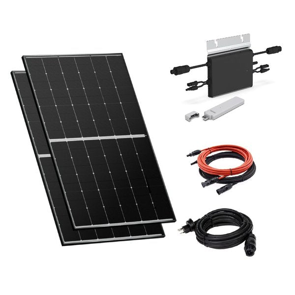 Balkonkraftwerk-Set MeyerBurger Bifacial Glas-Glas 760Wp/600W: Plug & Play mit 2x 380Wp Modulen. Hochleistungs-HJT-Solarzellen für hohe Effizienz, auch bei diffuser Sonneneinstrahlung. Microwechselrichter, WIFI-Überwachung und mobile App-Steuerung inklusive. Enthält Meyer Burger R Glass Bifacial Module, Hoymiles HM-600 Microinverter, DTU-WLite Kontrolleinheit, 5m Kabel, Endkappe, 2x2m Solarkabel.